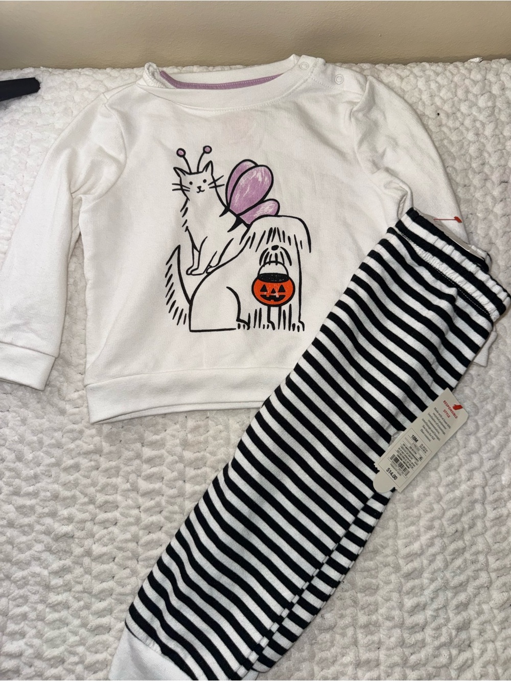 Halloween Cat & Dog White Kids Set with Black Striped Pants